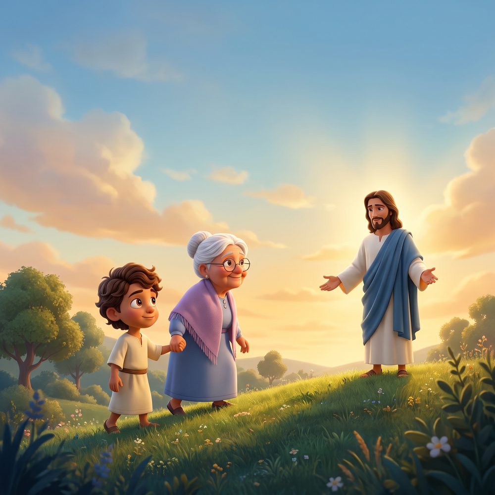 Un niño y su abuela caminan hacia Jesús en una colina